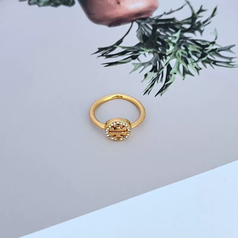 Tory Burch Rhinestone Cutout Letter Metal Ring